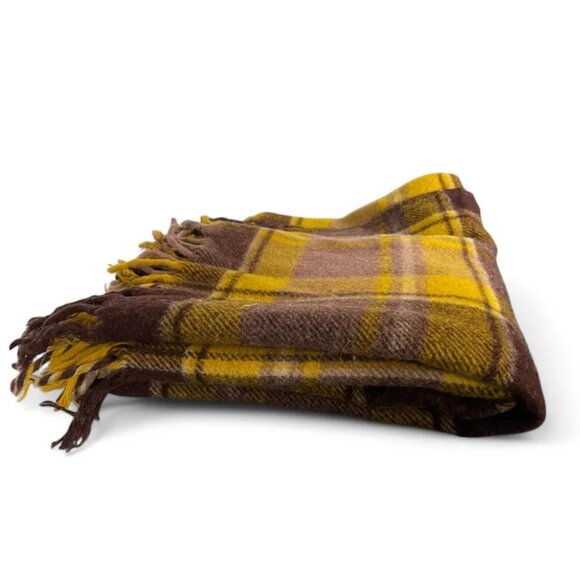 Vintage Faribo Wool Plaid Blanket Yellow & Brown By Faribo 49" X 53" - Picture 2 of 8